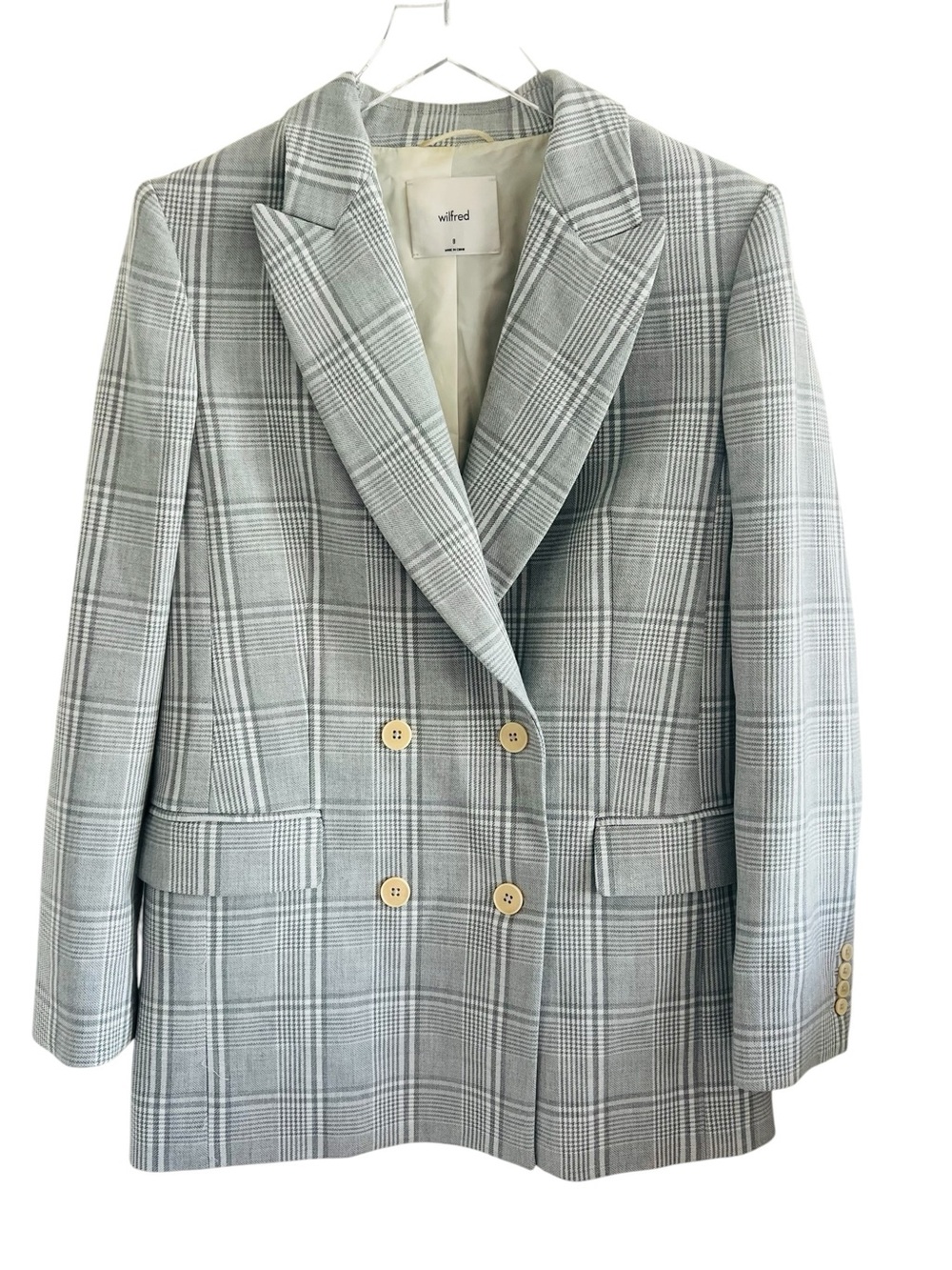 Wilfred Light Gray Plaid Double-Breasted Blazer